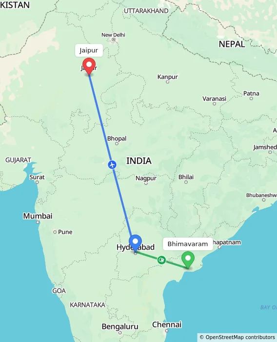 Route map showing distance and travel time from Bhimavaram, India to Jaipur, India