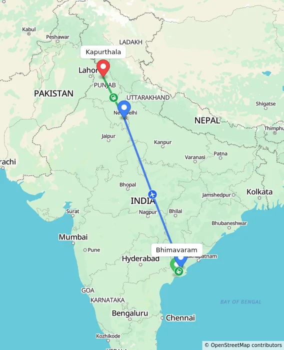 Route map showing distance and travel time from Bhimavaram, India to Kapurthala, India