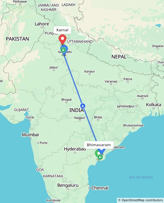 Route map showing distance and travel time from Bhimavaram, India to Karnal, India