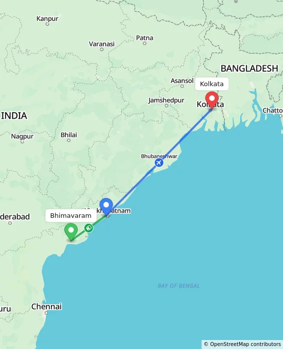 Route map showing distance and travel time from Bhimavaram, India to Kolkata, India