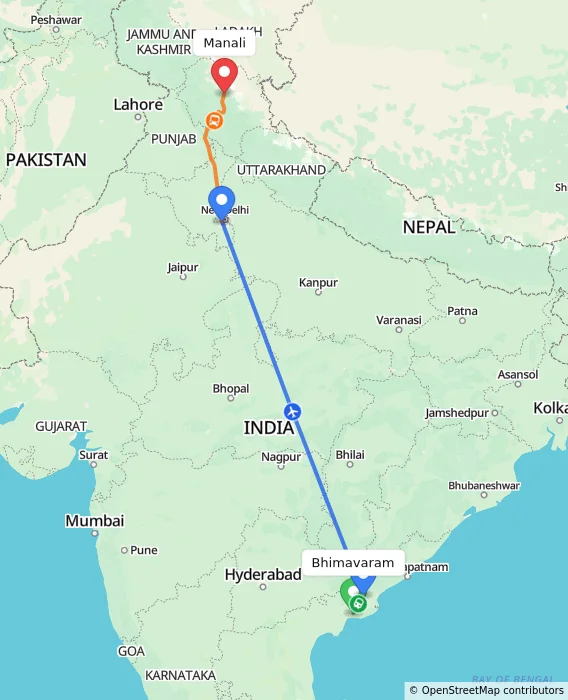 Route map showing distance and travel time from Bhimavaram, India to Manali, India