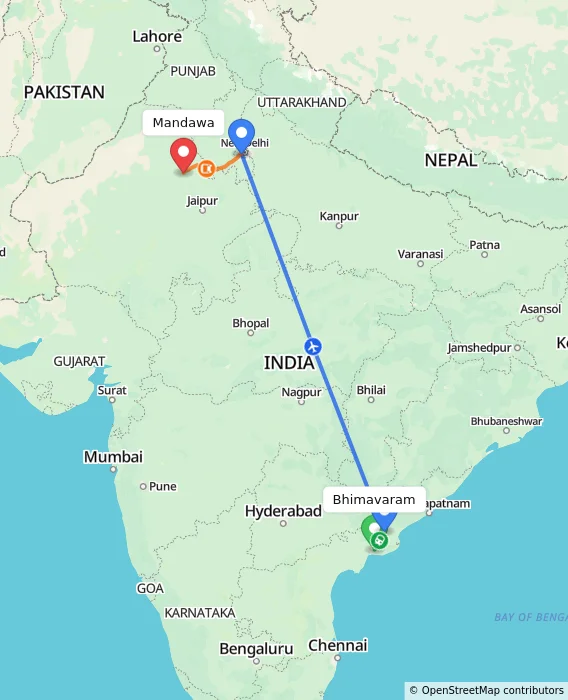 Route map showing distance and travel time from Bhimavaram, India to Mandawa, India