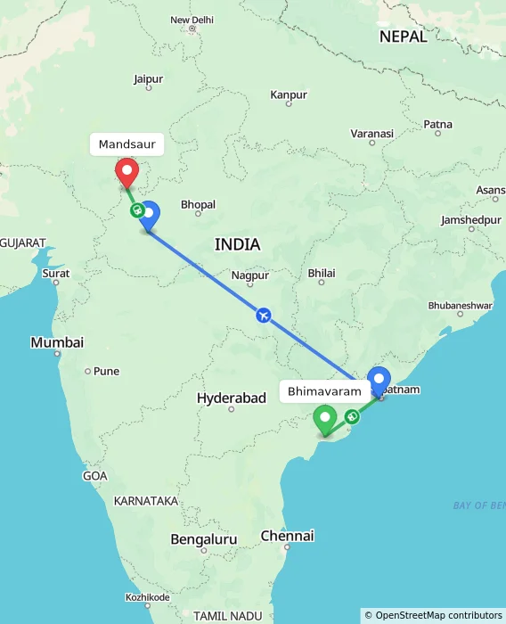 Route map showing distance and travel time from Bhimavaram, India to Mandsaur, India