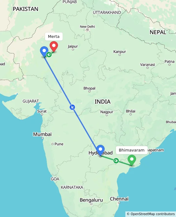 Route map showing distance and travel time from Bhimavaram, India to Merta, India