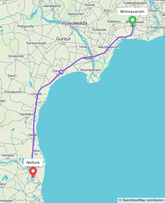Route map showing distance and travel time from Bhimavaram, India to Nellore, India