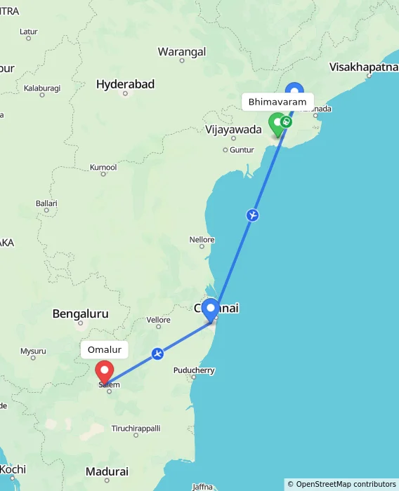 Route map showing distance and travel time from Bhimavaram, India to Omalur, India