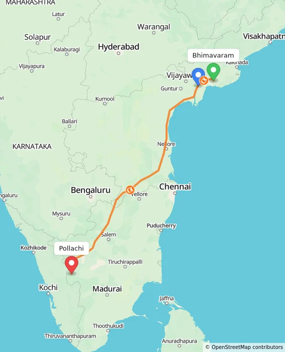 Route map showing distance and travel time from Bhimavaram, India to Pollachi, India