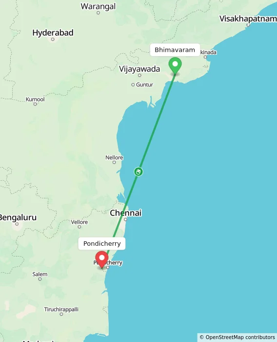 Route map showing distance and travel time from Bhimavaram, India to Puducherry, India