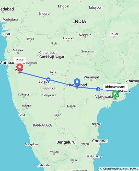 Route map showing distance and travel time from Bhimavaram, India to Pune, India