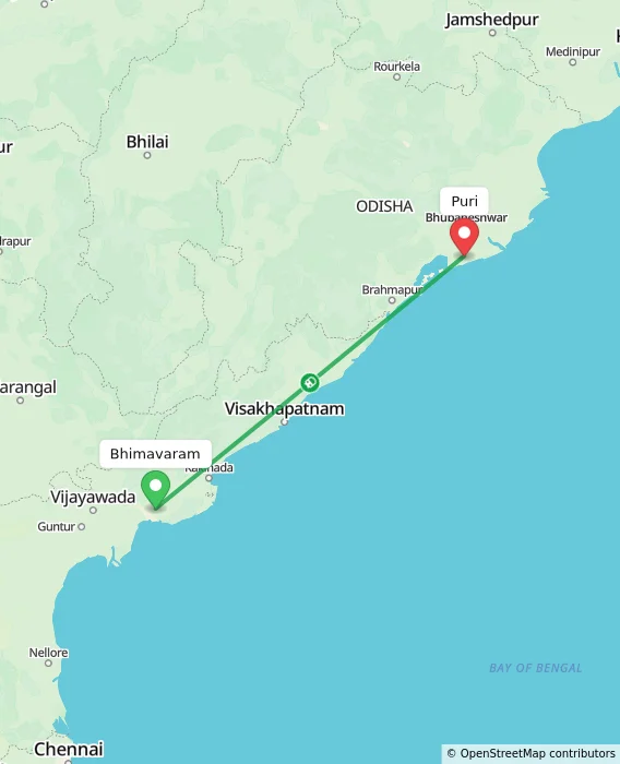 Route map showing distance and travel time from Bhimavaram, India to Puri, India