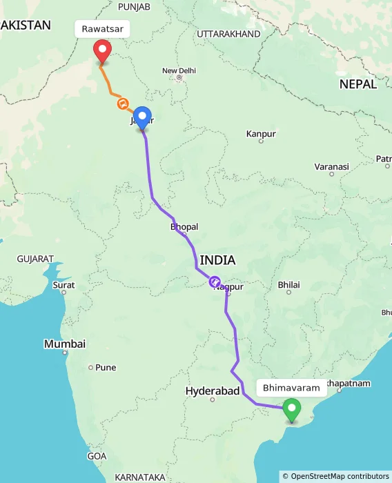 Route map showing distance and travel time from Bhimavaram, India to Rawatsar, India