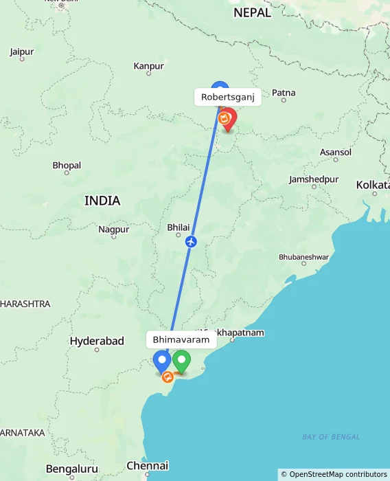 Route map showing distance and travel time from Bhimavaram, India to Robertsganj, India