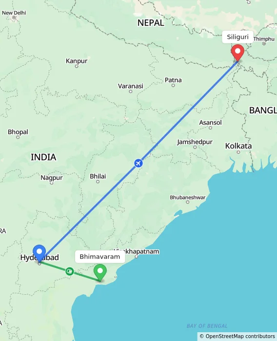 Route map showing distance and travel time from Bhimavaram, India to Siliguri, India