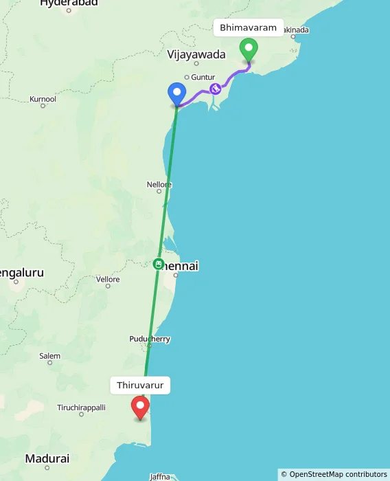 Route map showing distance and travel time from Bhimavaram, India to Thiruvarur, India