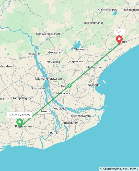 Route map showing distance and travel time from Bhimavaram, India to Tuni, India