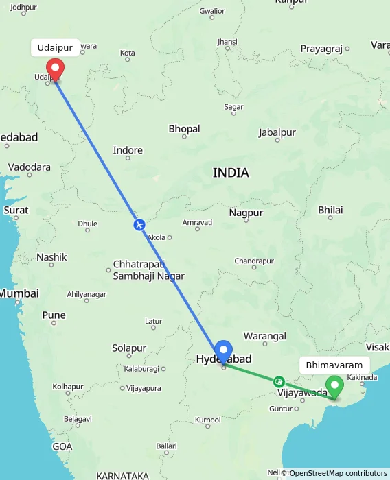 Route map showing distance and travel time from Bhimavaram, India to Udaipur, India