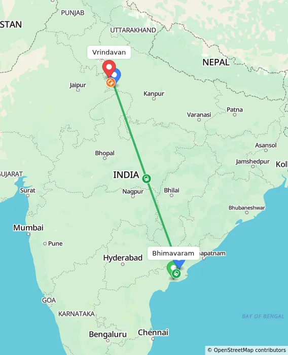 Route map showing distance and travel time from Bhimavaram, India to Vrindavan, India
