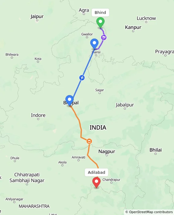 Route map showing distance and travel time from Bhind, India to Adilabad, India