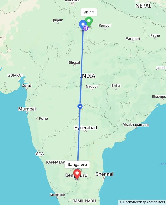 Route map showing distance and travel time from Bhind, India to Bangalore, India
