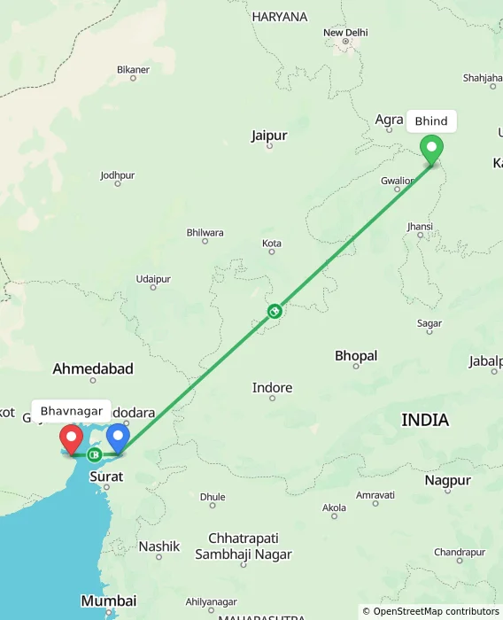 Route map showing distance and travel time from Bhind, India to Bhavnagar, India