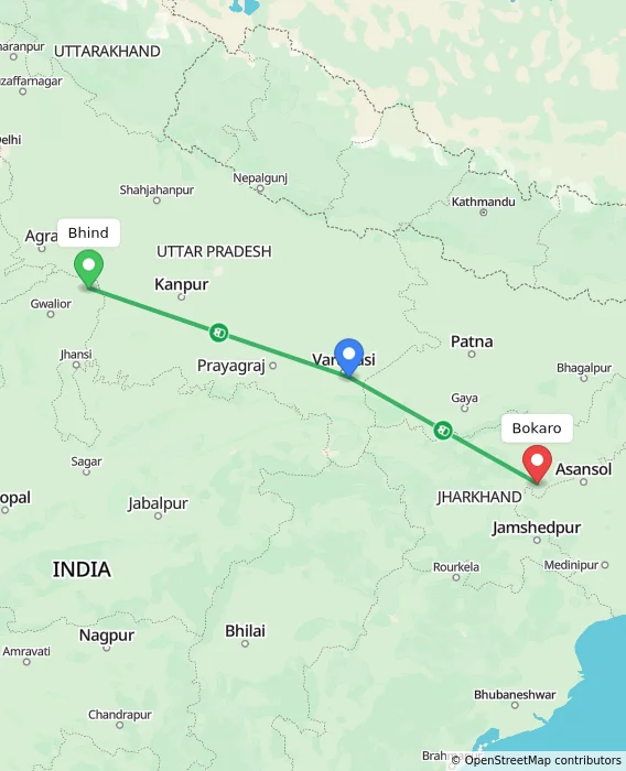 Route map showing distance and travel time from Bhind, India to Bokaro, India