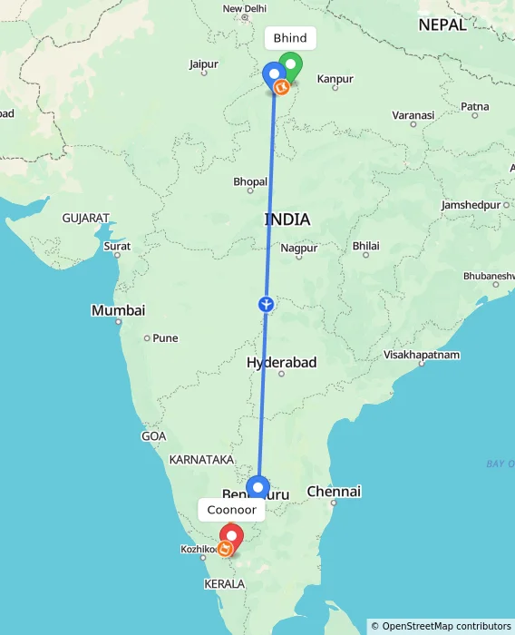 Route map showing distance and travel time from Bhind, India to Coonoor, India