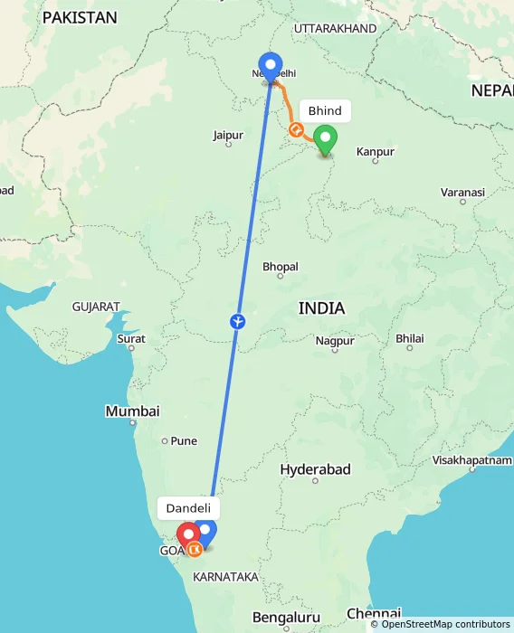 Route map showing distance and travel time from Bhind, India to Dandeli, India