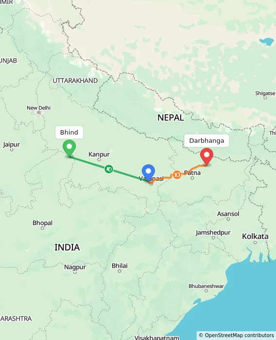 Route map showing distance and travel time from Bhind, India to Darbhanga, India