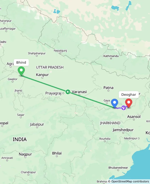 Route map showing distance and travel time from Bhind, India to Deoghar, India