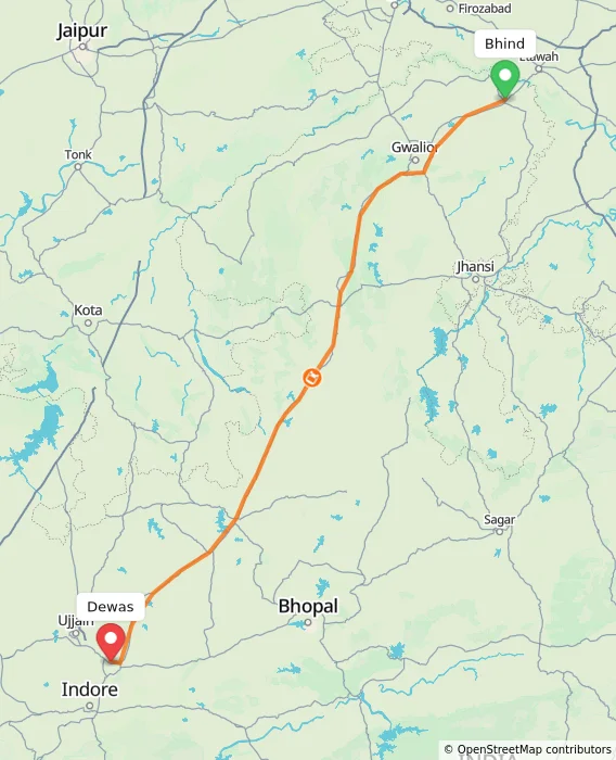 Route map showing distance and travel time from Bhind, India to Dewas, India