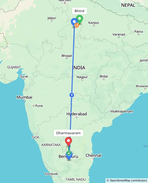 Route map showing distance and travel time from Bhind, India to Dharmavaram, India