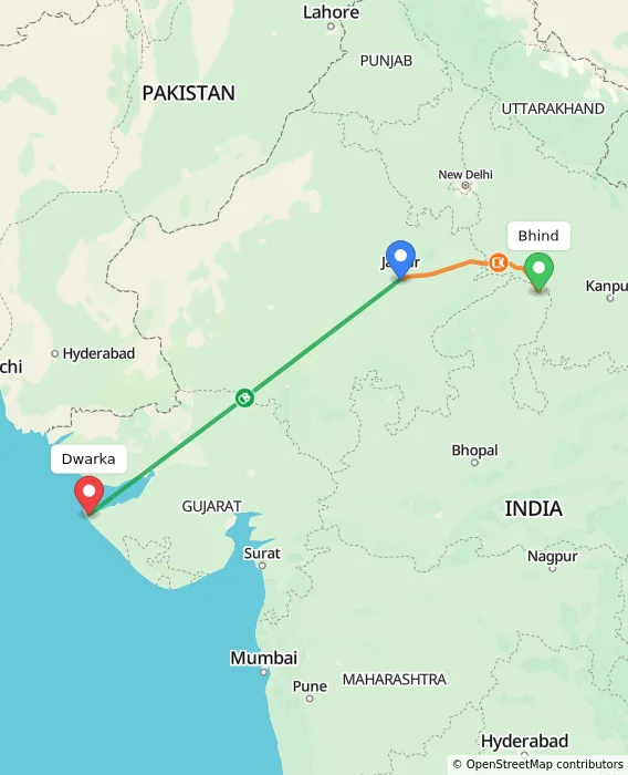 Route map showing distance and travel time from Bhind, India to Dwarka, India
