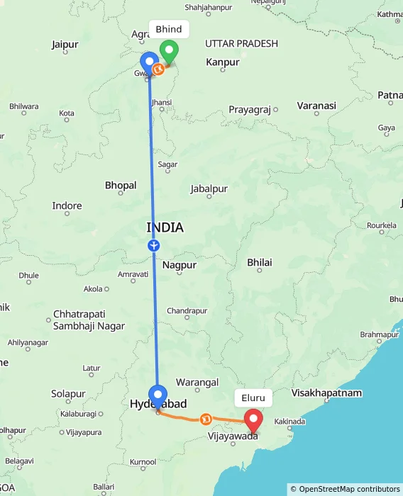 Route map showing distance and travel time from Bhind, India to Eluru, India