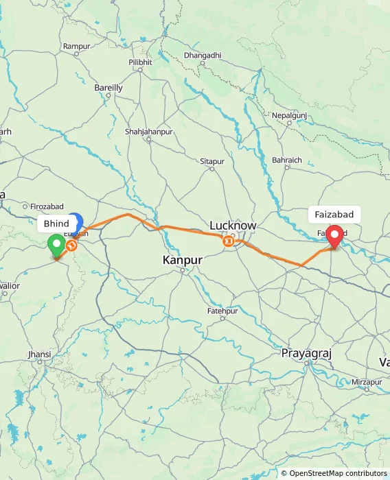 Route map showing distance and travel time from Bhind, India to Faizabad, India