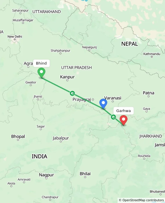 Route map showing distance and travel time from Bhind, India to Garhwa, India