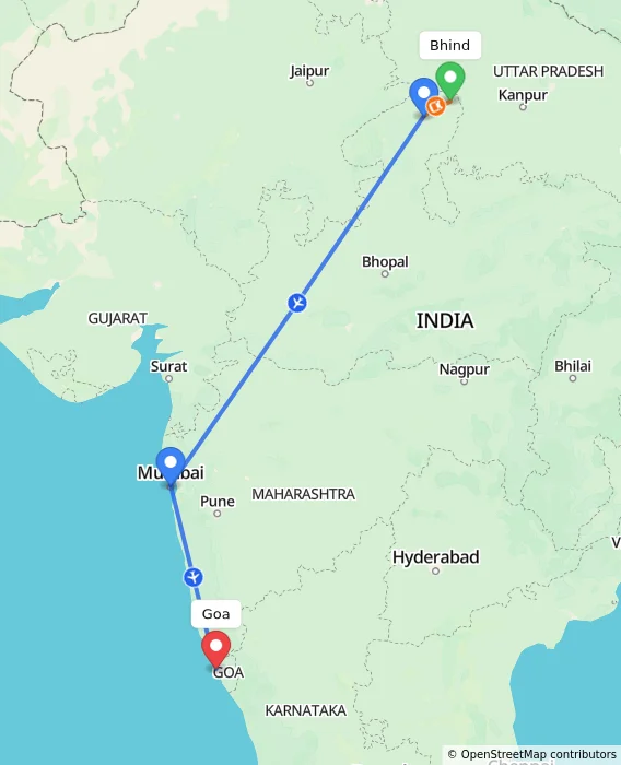 Route map showing distance and travel time from Bhind, India to Goa, India