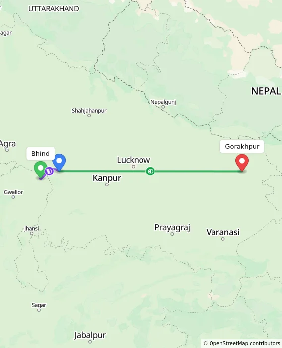 Route map showing distance and travel time from Bhind, India to Gorakhpur, India