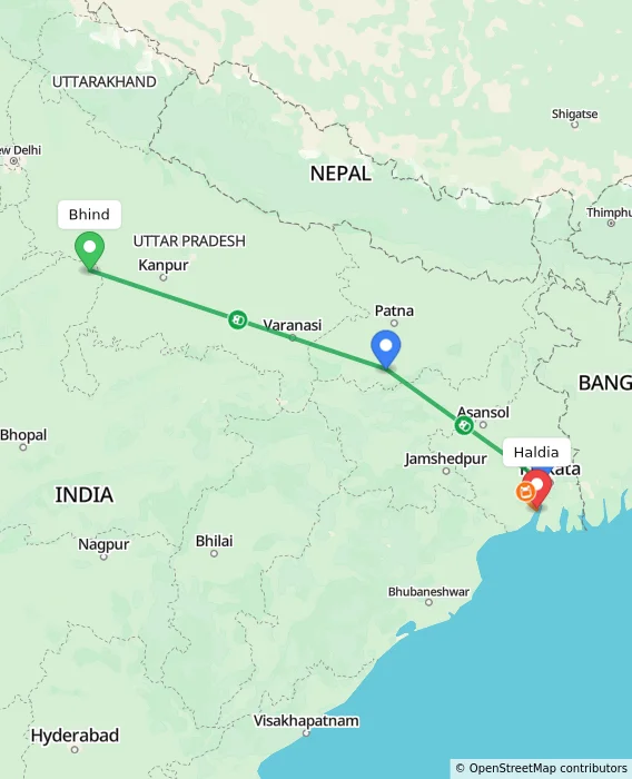 Route map showing distance and travel time from Bhind, India to Haldia, India