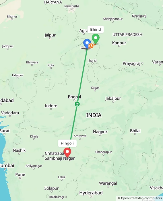 Route map showing distance and travel time from Bhind, India to Hingoli, India
