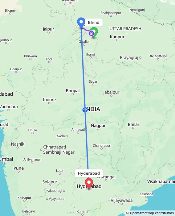 Route map showing distance and travel time from Bhind, India to Hyderabad, India