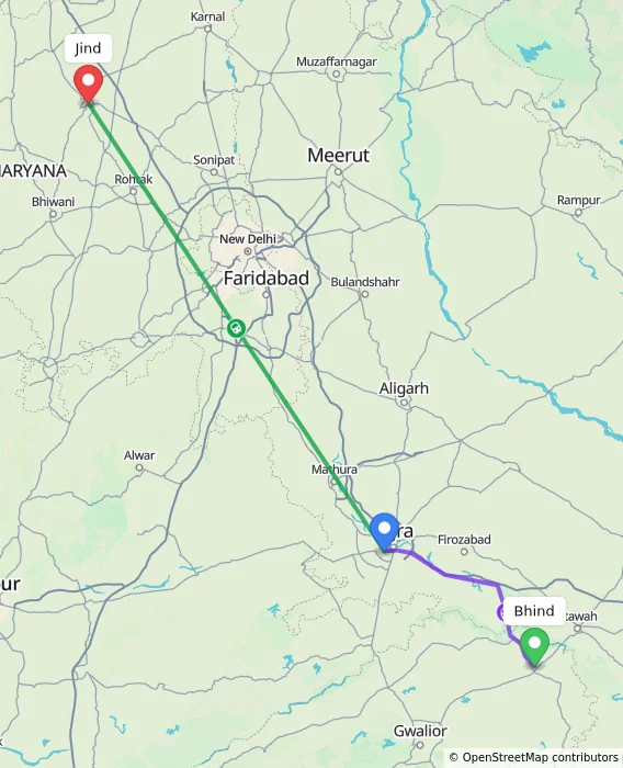 Route map showing distance and travel time from Bhind, India to Jind, India