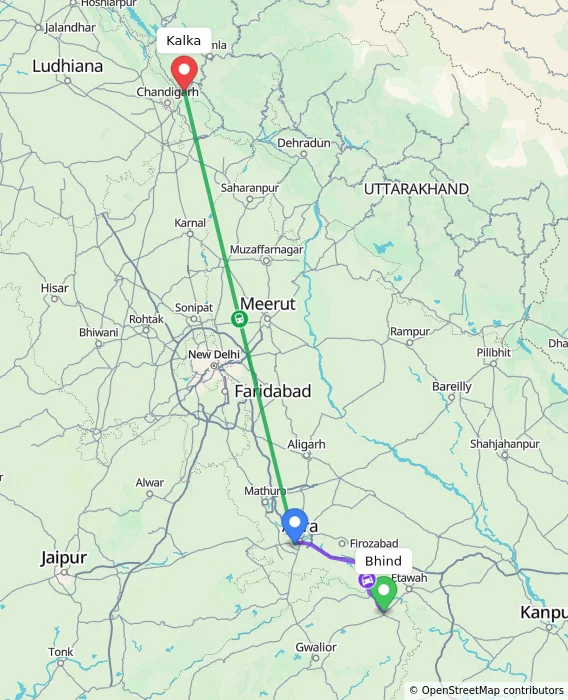 Route map showing distance and travel time from Bhind, India to Kalka, India