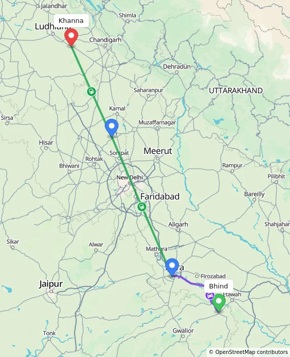 Route map showing distance and travel time from Bhind, India to Khanna, India
