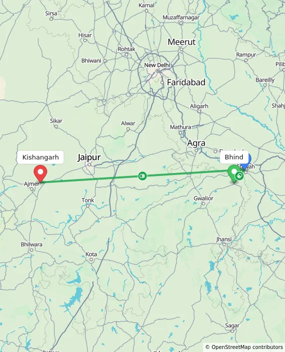 Route map showing distance and travel time from Bhind, India to Kishangarh, India