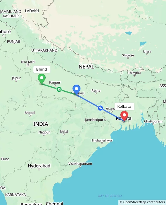Route map showing distance and travel time from Bhind, India to Kolkata, India