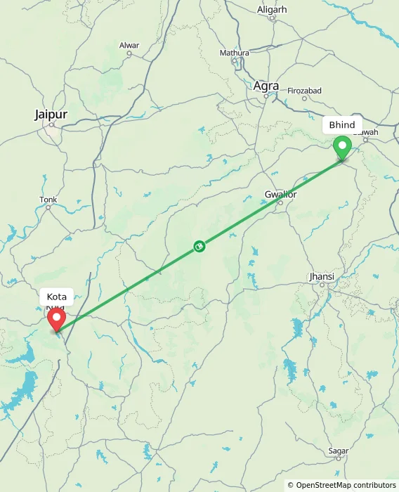 Route map showing distance and travel time from Bhind, India to Kota, India