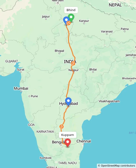 Route map showing distance and travel time from Bhind, India to Kuppam, India