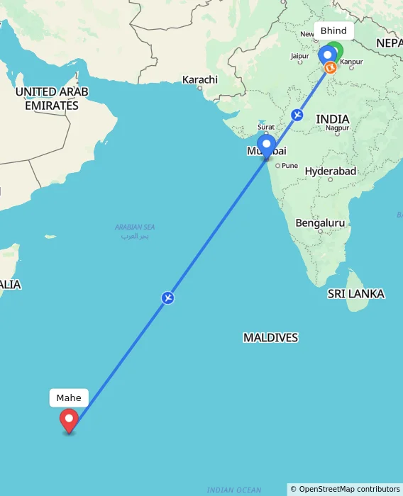 Route map showing distance and travel time from Bhind, India to Mahe, Seychelles