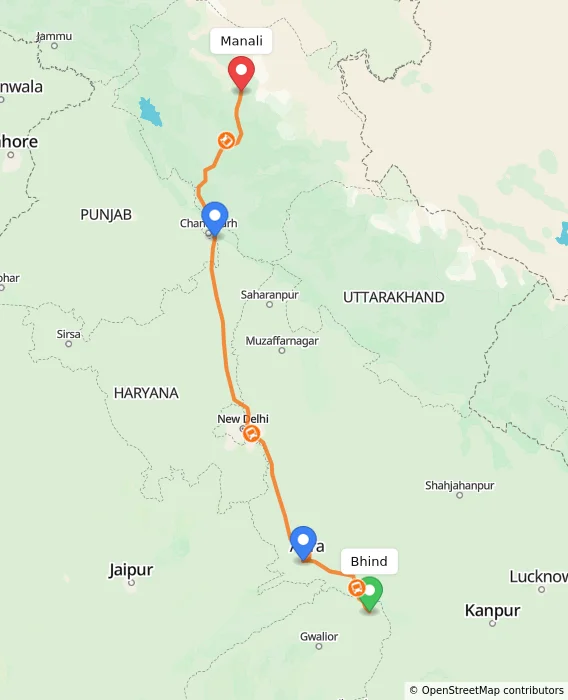 Route map showing distance and travel time from Bhind, India to Manali, India