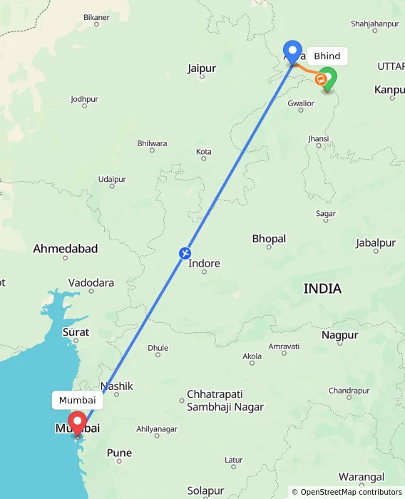 Route map showing distance and travel time from Bhind, India to Mumbai, India